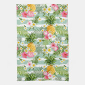 Tropische bloemen en ananas op Blauwgroen strepen Theedoek (Verticaal)