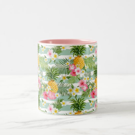 Tropische bloemen en ananas op Blauwgroen strepen Tweekleurige Koffiemok (Center)