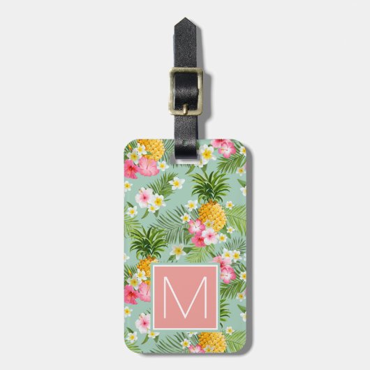 Tropische bloemen en ananassen | Monogram Bagagelabel (Voorkant verticaal)