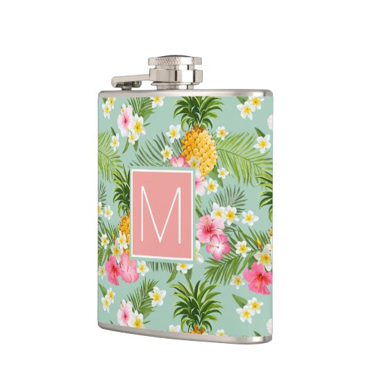 Tropische bloemen en ananassen | Voeg je Initiaal  Heupfles (Links)