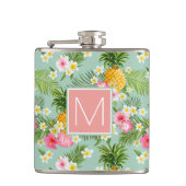 Tropische bloemen en ananassen | Voeg je Initiaal  Heupfles (Voorkant)