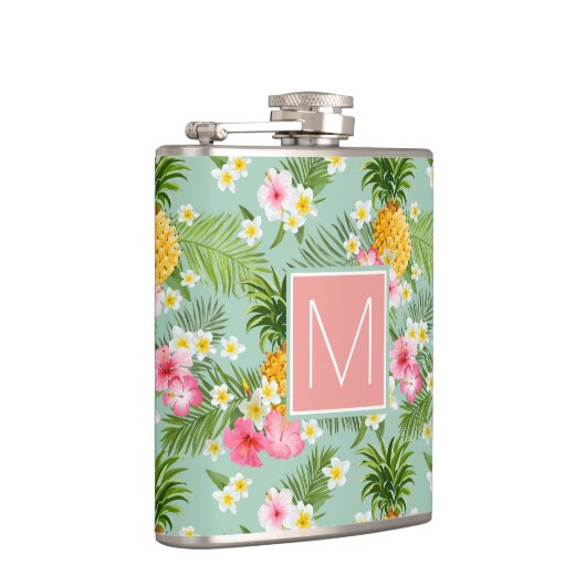 Tropische bloemen en ananassen | Voeg je Initiaal  Heupfles (Rechts)