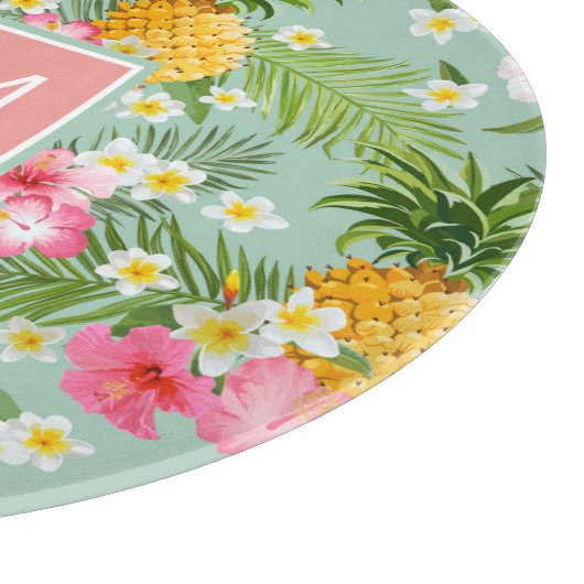 Tropische bloemen en ananassen | Voeg je Initiaal  Snijplank (Hoek)