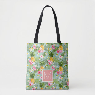 Tropische bloemen en ananassen   Voeg je Initiaal  Tote Bag