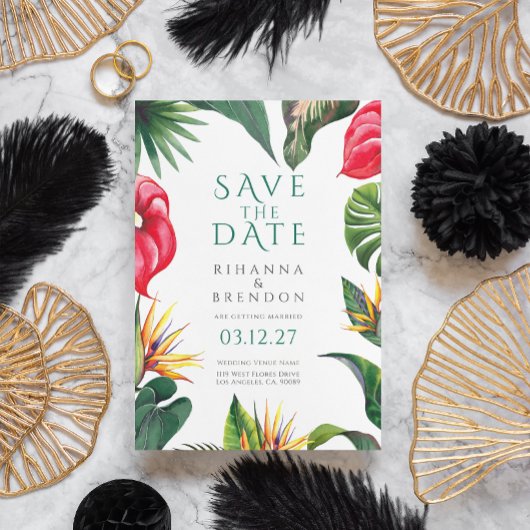 Tropische bloemen en bladeren bruiloft Save the Da Kaart