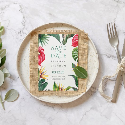 Tropische bloemen en bladeren bruiloft Save the Da Kaart