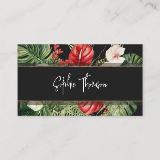 Tropische bloemen en bladeren donker visitekaartje (Voorkant)