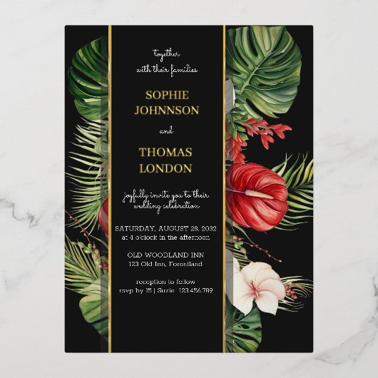 Tropische bloemen en bladeren donkere waterverf br folie feestdagen briefkaart (Voorkant)