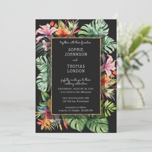 Tropische bloemen en bladeren donkere waterverf br kaart (Staand voorkant)