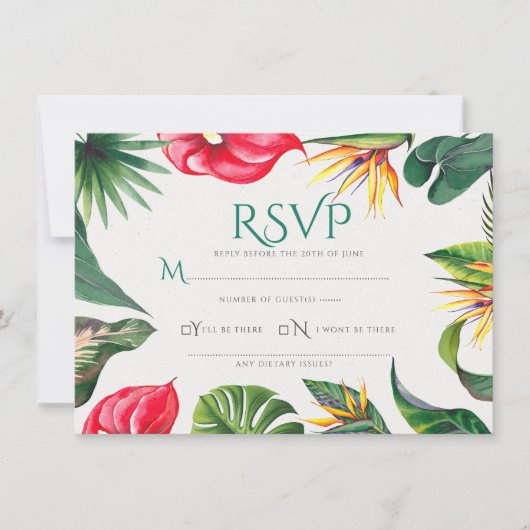 Tropische bloemen en bladeren Elegante bruiloft Bedankkaart (Voorkant)