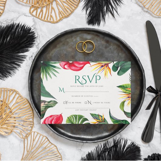 Tropische bloemen en bladeren Elegante bruiloft Bedankkaart