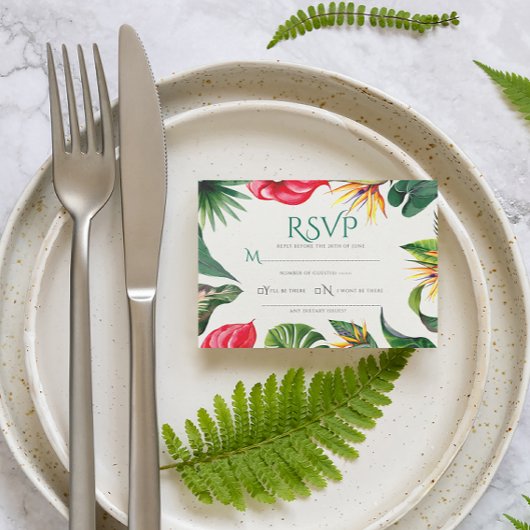 Tropische bloemen en bladeren Elegante bruiloft Bedankkaart