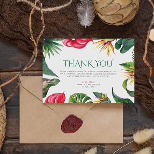 Tropische bloemen en bladeren Elegante bruiloft Bedankkaart