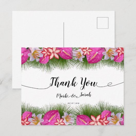 Tropische bloemen en bladeren kalligrafie Dank u Briefkaart (Voorkant / Achterkant)