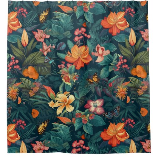 Tropische bloemen en bladeren met botervliegen douchegordijn (Voorkant)