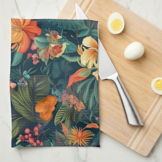 Tropische bloemen en bladeren met botervliegen theedoek (Quarter Fold)