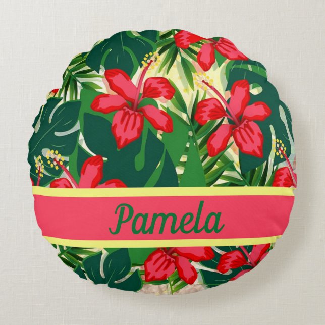 Tropische bloemen en bladeren rond kussen (Voorkant)