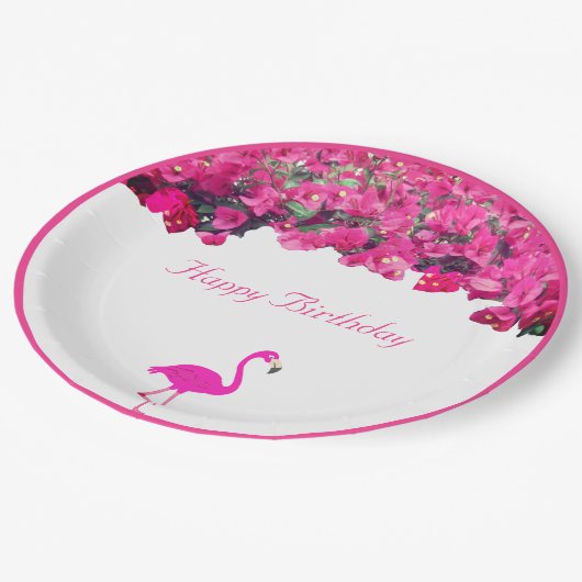 Tropische bloemen en flamingo Birthday Papieren Bordje (Gekanteld)
