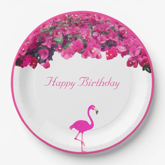 Tropische bloemen en flamingo Birthday Papieren Bordje (Voorkant)