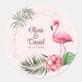 Tropische bloemen en Flamingo bruiloft Ronde Sticker (Voorkant)