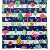 Tropische bloemen en flamingo's Blauwe en witte st Douchegordijn (Voorkant)