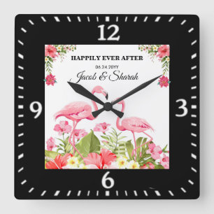 Tropische Bloemen en Flamingo's Huwelijk Template Vierkante Klok
