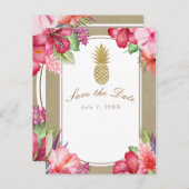 Tropische bloemen en gouden anananas Sla de datum  Aankondigingskaart (Voorkant / Achterkant)
