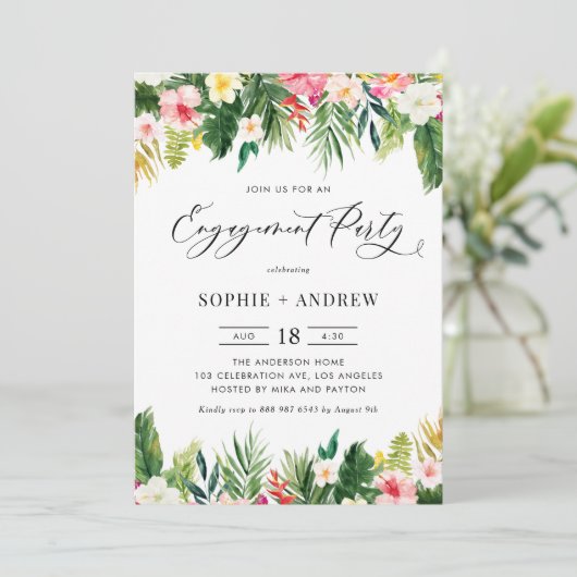 Tropische bloemen en Greenery Engagement Party Kaart (Staand voorkant)