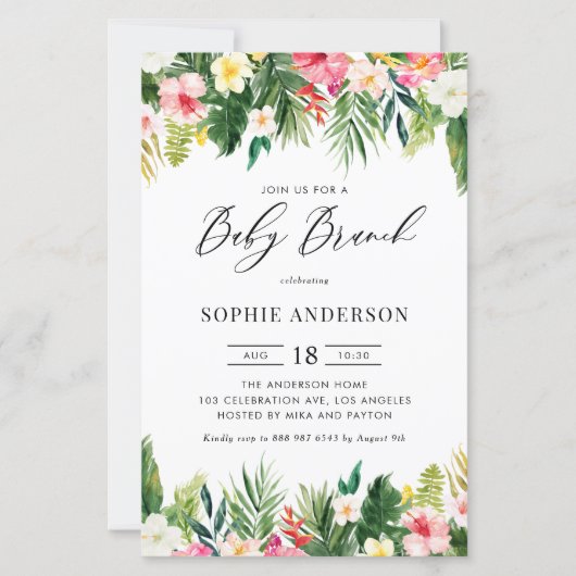 Tropische bloemen en groen Baby Brunch Uitnodigen (Voorkant)