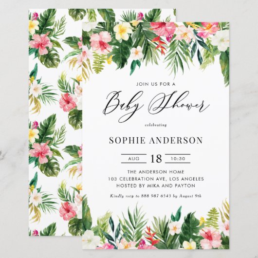 Tropische bloemen en groen Baby shower Uitnodigen (Voorkant / Achterkant)
