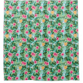 Tropische bloemen en groen blad patroon blauw douchegordijn (Voorkant)