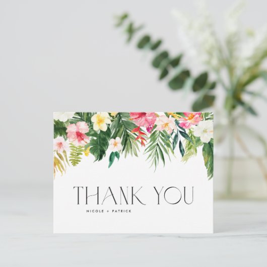 Tropische bloemen en groen bruiloft dank u briefkaart (Staand voorkant)