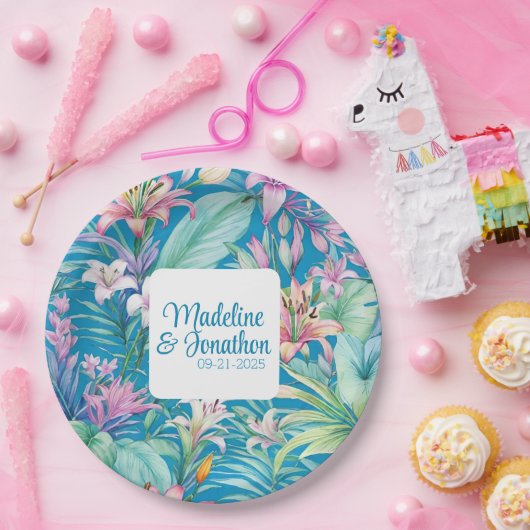 Tropische Bloemen en Groen Eenvoudig Strand Bruilo Papieren Bordje (Feest)