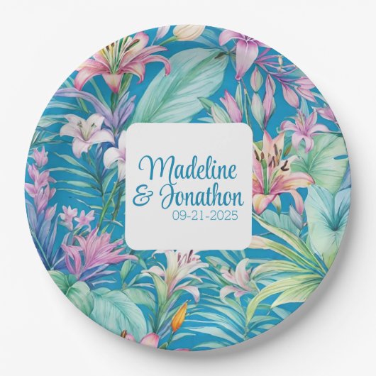 Tropische Bloemen en Groen Eenvoudig Strand Bruilo Papieren Bordje (Voorkant)