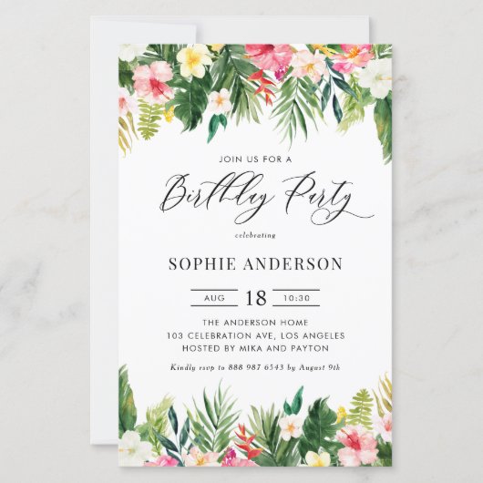 Tropische bloemen en groen verjaardag uitnodiging (Voorkant)