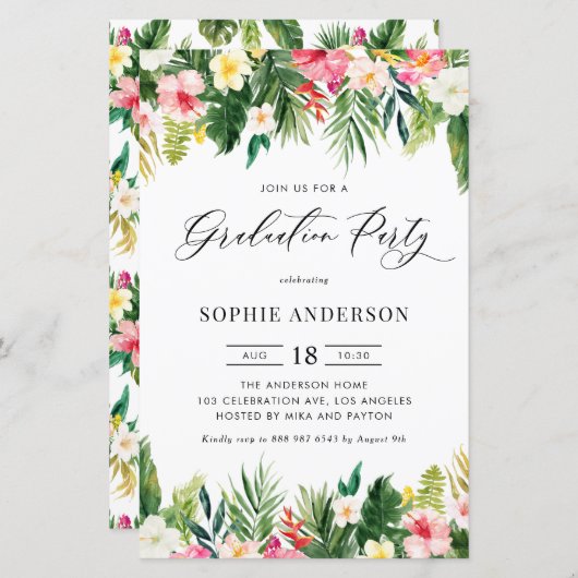 Tropische bloemen en groen verjaardag uitnodiging (Voorkant / Achterkant)