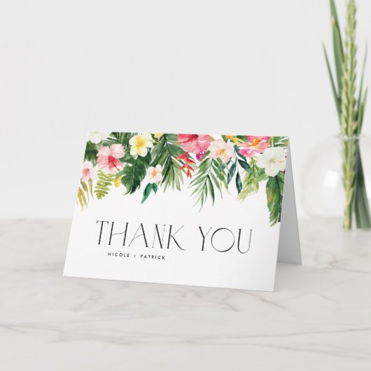 Tropische bloemen en groen zomer bruiloft bedankkaart (Voorkant)