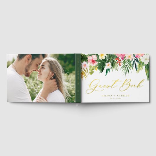 Tropische bloemen en groen zomer bruiloft foto gastenboek (Volledig)