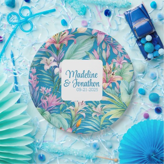 Tropische Bloemen en Groene Eenvoudige Strand Brui Papieren Bordje (Feest)