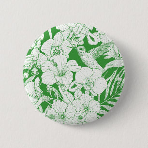 Tropische bloemen en kolibrie in groen en wit ronde button 5,7 cm
