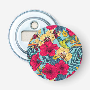 Tropische Bloemen en Kolibrie - Zomer Botanica Button Flesopener