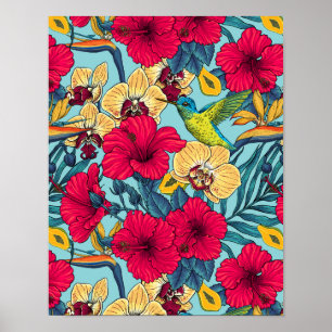 Tropische Bloemen en Kolibrie - Zomer Botanica Poster