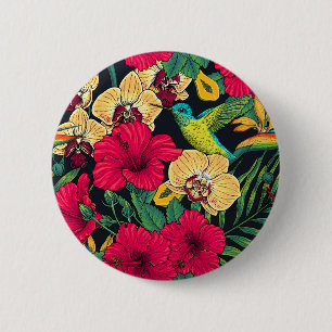 Tropische bloemen en kolibrie - Zomer Botanica Ronde Button 5,7 Cm