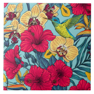 Tropische Bloemen en Kolibrie - Zomer Botanica Tegeltje