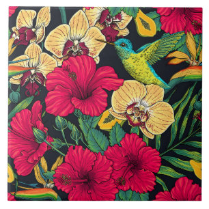 Tropische bloemen en kolibrie - Zomer Botanica Tegeltje
