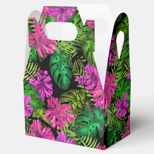 Tropische bloemen en planten op zwart bedankdoosjes (Geopend)