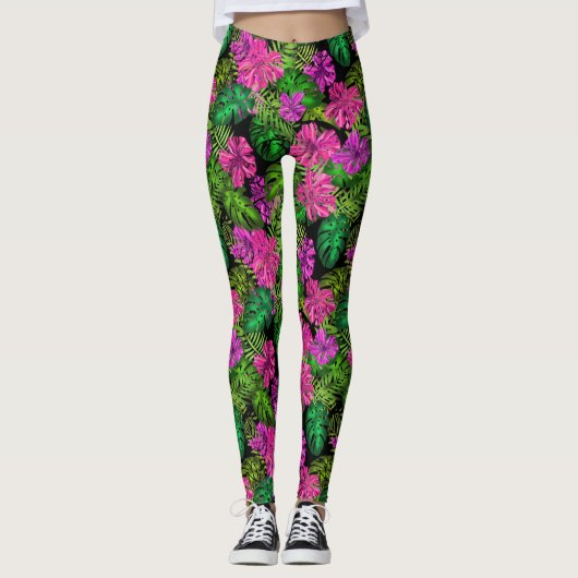 Tropische bloemen en planten op zwart leggings (Voorkant)
