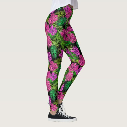 Tropische bloemen en planten op zwart leggings (Rechts)