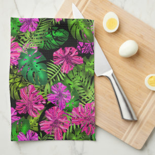 Tropische bloemen en planten op zwart theedoek
