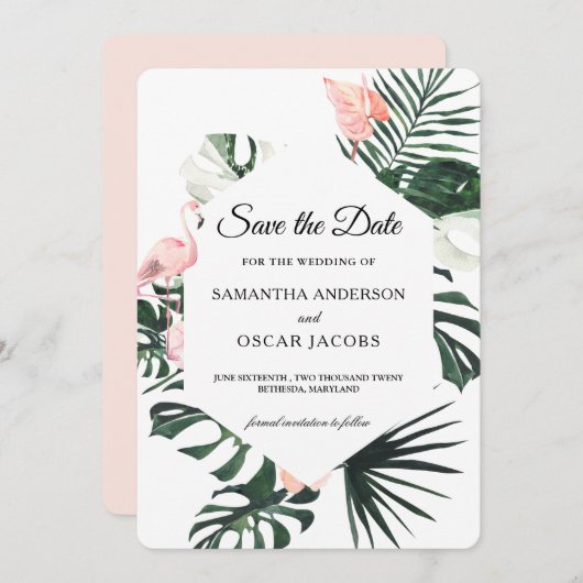 Tropische bloemen en roze flamingo Beauty Save The Date (Voorkant / Achterkant)